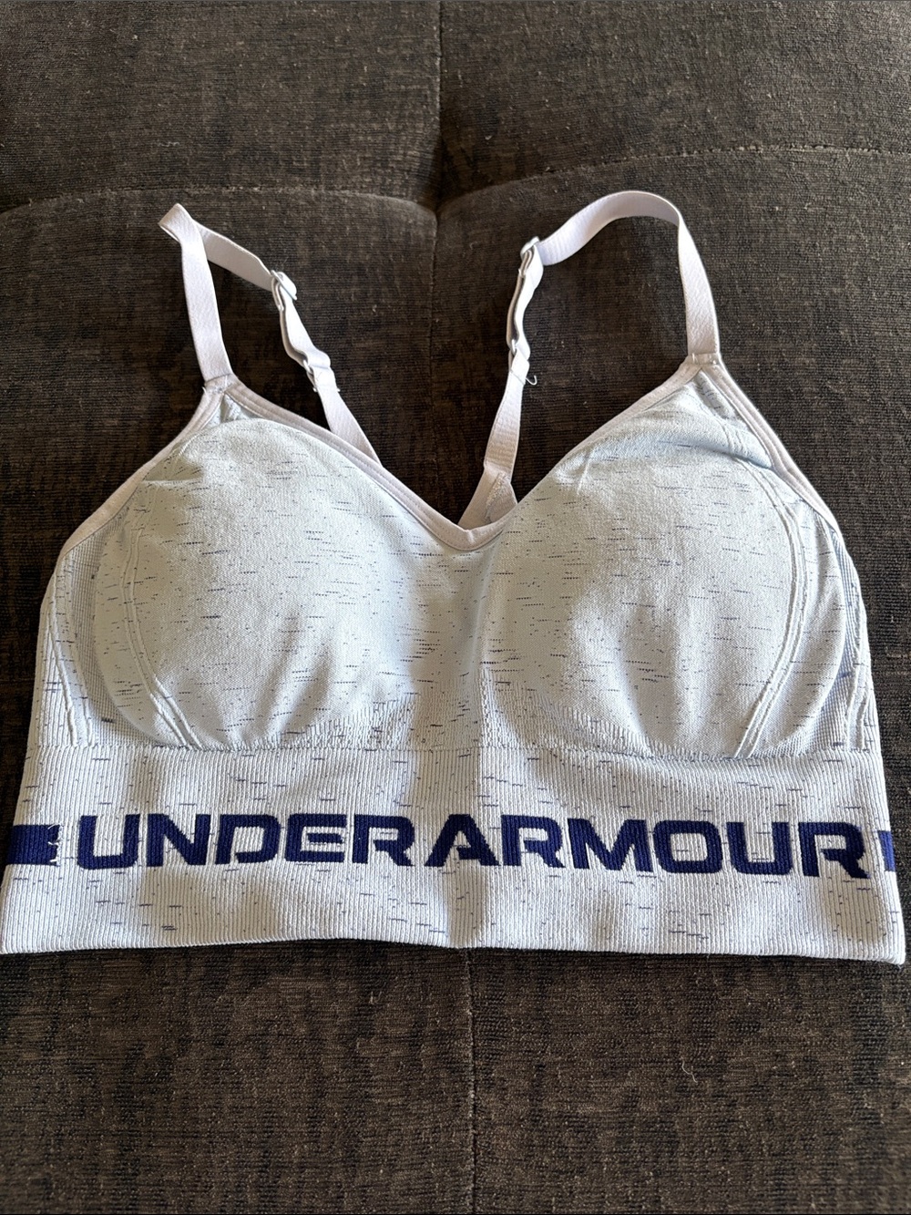 Under Armour Heather White Sports Bra with Navy Logo Band